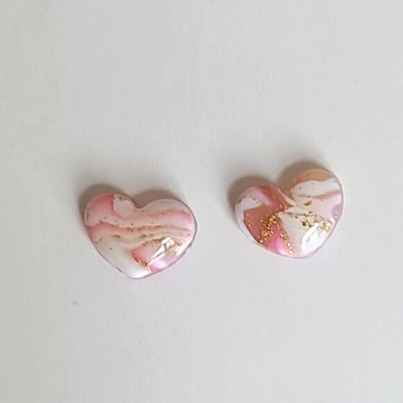 Boho Girly Dainty Mini Pink White Gold Agate Puffy Heart Studs Earrings - Picture 7 of 9